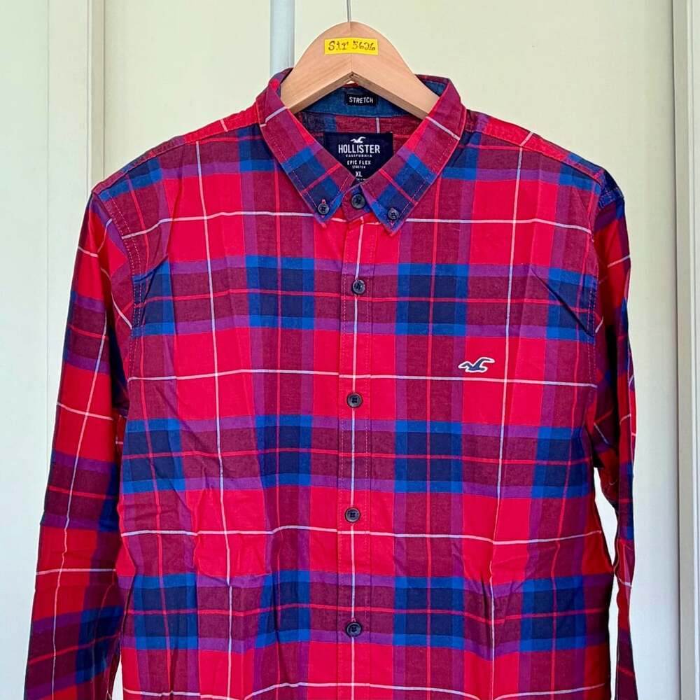 Hollister Epic Flex Men’s Plaid Button Down Shirt Red Blue Long Sleeve XL